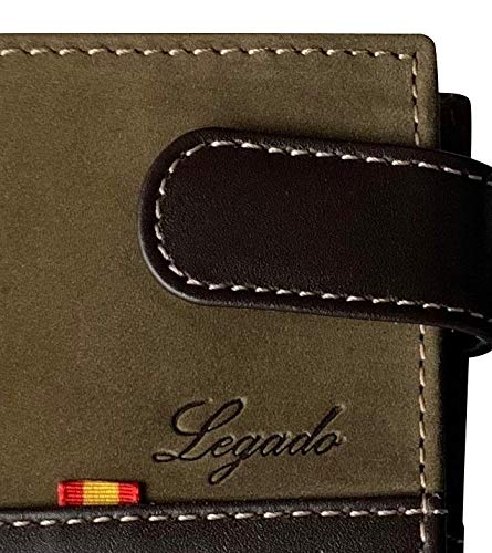 Cartera LEGADO Serraje de Ubrique hecha en piel de toro Billetera Tarjetero y Monedero para Hombre de Cuero Regalo Pulsera bandera de España (Verde Horizontal con Broche)