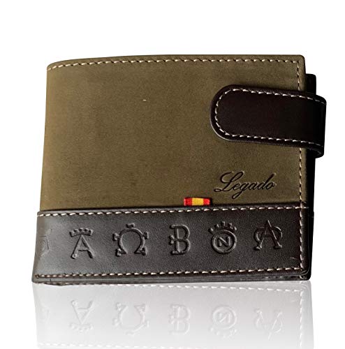 Cartera LEGADO Serraje de Ubrique hecha en piel de toro Billetera Tarjetero y Monedero para Hombre de Cuero Regalo Pulsera bandera de España (Verde Horizontal con Broche)