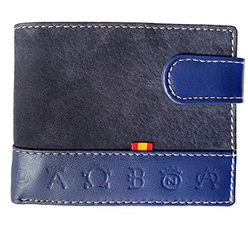 Cartera LEGADO Serraje de Ubrique hecha en piel de toro Billetera Tarjetero y Monedero para Hombre de Cuero regalo pulsera España y tarjeta de protección bloqueo RFID (Marino Horizontal con Broche)