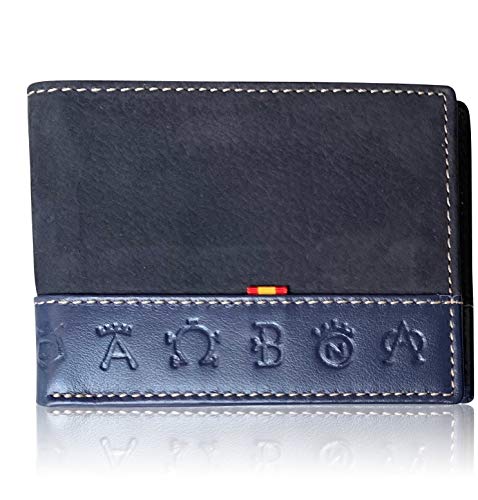 Cartera LEGADO Serraje de Ubrique hecha piel de toro Billetera Tarjetero Monedero Hombre Cuero Regalo pulsera España y tarjeta de protección bloqueo RFID (Marino Horizontal)