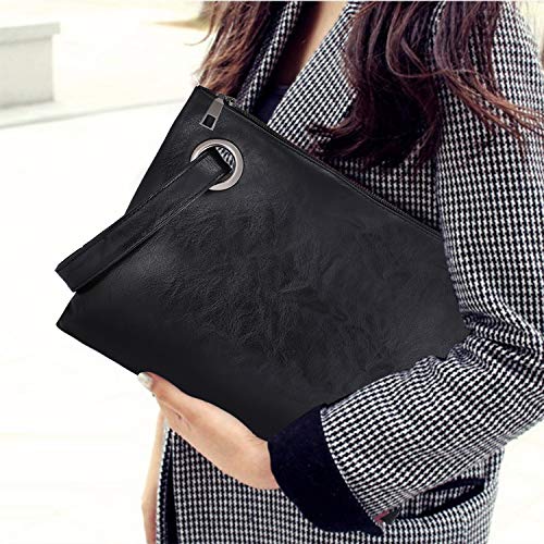 Carteras de Mano Fiesta para Mujer Elegante Suave Bolsos de Mano de PU Cuero con Asa Cremallera, Grande Clutch Moda Monederos de Boda Noche Bolsa del Teléfono, Negro