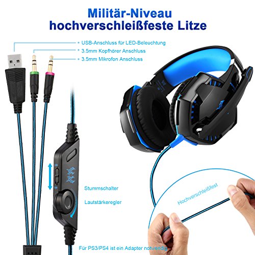 Cascos Gaming, Auriculares Gaming con Micrófono Headset Mac Estéreo Juego Gaming Jack 3,5mm LED Bajo Ruido Compatible con PC / Xbox One / Móvil / etc