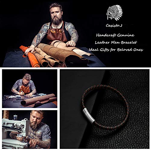 Casisto.J Pulsera Cuero Hombre - Pulsera Trenzada Hecha a Mano clásica en Negro y marrón con Cierre magnético Grabado Joyas Gratis en Caja (XBTG26)