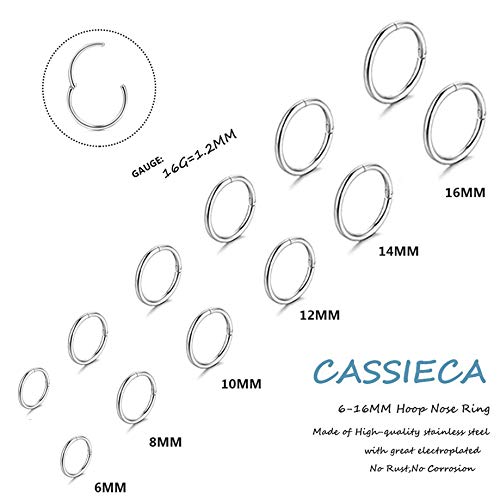 CASSIECA 12 Unids 16G de Acero Inoxidable Nariz Piercing Aro Pendientes para Las Mujeres Niñas Anillo de Piercing de Nariz Pierna del Labio Joyería del Cuerpo 6-16mm