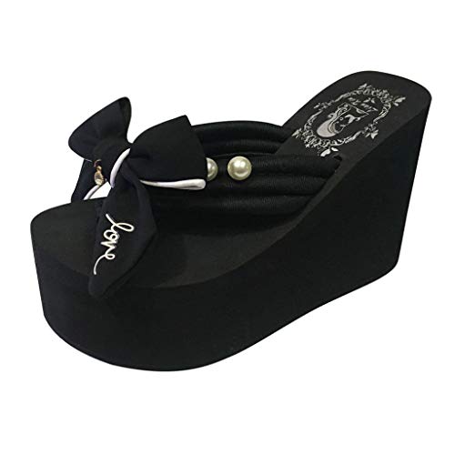 Chanclas Sandalias Flip-Flop Para Mujer, Zapatillas Con Cuña Plataforma De Tacón Alto 11cm Con Lazo Chic Chanclas De Vestir Elegante De Playa Vacasiones 35-41(Negro, 37)