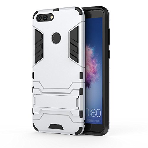 CHcase Huawei P Smart Funda, 2in1 Armadura Combinación A Prueba de Choques Heavy Duty Escudo Cáscara Dura PC + Suave TPU Silicona Rubber Case Cover con Soporte para Huawei P Smart -Silver