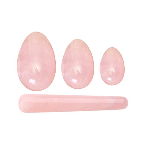 Cherrypop Huevos, 3 piezas de huevos de jade de cristal rosa natural perforados + 1 palo de masaje para ejercicios de Kegel, juego de 4 piezas