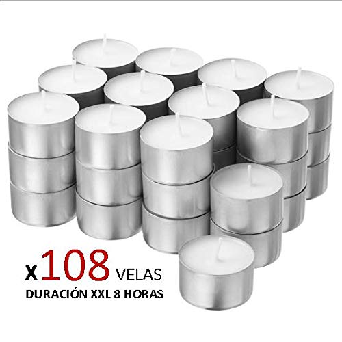 Cia&Co Pack 108 Velas de té XXL Larga Duración 8 Horas. Vela Blanca sin Aroma de Parafina. Ideal Hosteleria