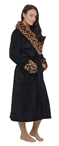 CityComfort Bata de Estar por Casa Mujer Invierno con Capucha, Ropa de Dormir Suave Material Forro Polar Estampado Leopardo o Gris, Batín Tejido Peluche Accesorios Mujer, Regalos para Mama (M, Negro)