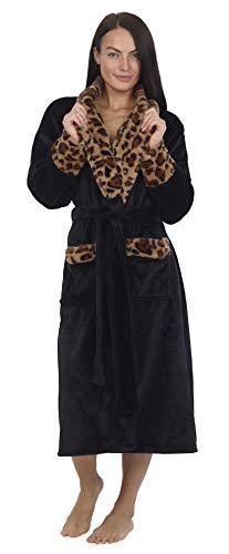 CityComfort Bata de Estar por Casa Mujer Invierno con Capucha, Ropa de Dormir Suave Material Forro Polar Estampado Leopardo o Gris, Batín Tejido Peluche Accesorios Mujer, Regalos para Mama (M, Negro)