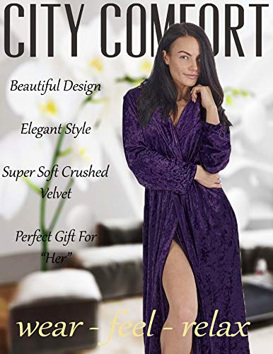 CityComfort Bata Mujer de Invierno en Terciopelo con Capucha y Bolsillos Albornoces (44/46, Morado Oscuro)