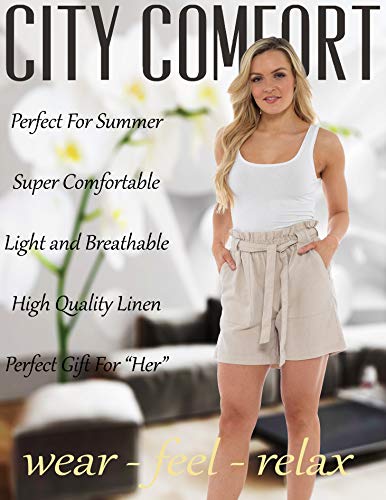 CityComfort Shorts de Lino para Mujer Mujeres Pantalones Cortos de Lino para el Verano, Vacaciones, Playa | Cintura de Bolsa de Papel de Moda (52, Beige)