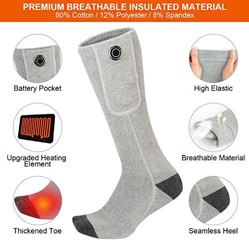 Clheatky Calcetines Calefactables para Hombre y Mujer, Eléctrico Calcetines Calientes Climatizada 3.7V 2000mAh Calentadas Calentador de Pies Ideal para Esquí Senderismo Pesca Cámping (Gris, XL)