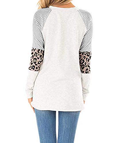 CNFIO Camisetas Mujer Manga Larga Leopardo Raya Cuello Redondo Blusas para Mujer Suelta Tops Mujer Fiesta