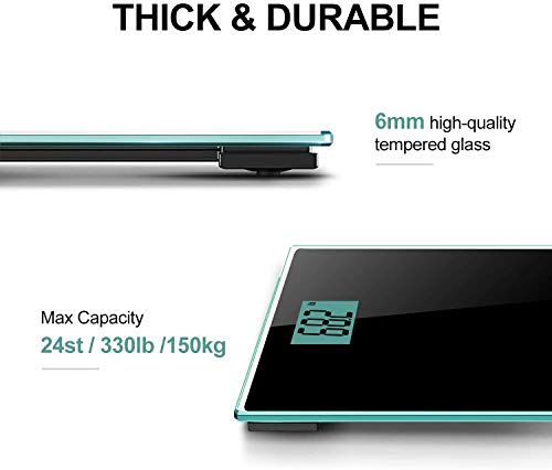 Cocoda Bascula de Baño, Vasculas de Peso Digital con Unidades st/lb/kg, Tecnología Step-On, Alta Precisión 0.1kg/0.2lb, Vidrio Templado Resistente de 6mm, 150kg/330lb/24st (Negro Elegante)