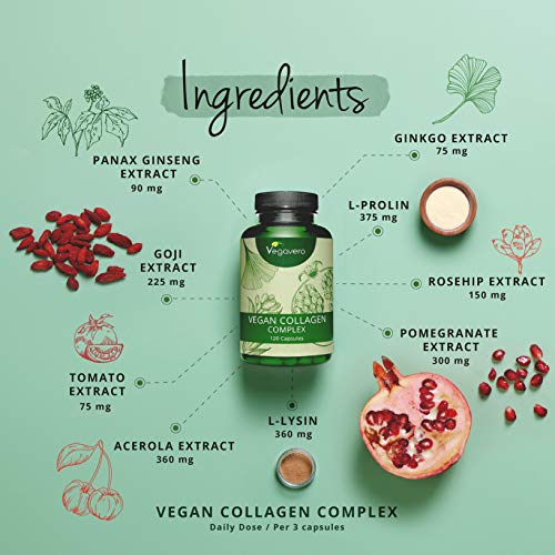 Colágeno Vegano Complex Vegavero® | Regenerador Cartílago + Articulaciones y Huesos + Anti Aging & Antioxidante | 120 Cápsulas | Con L-Prolina + L-Lisina | Sin Aditivos | Vegan Collagen