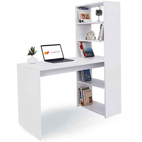 COMIFORT Escritorio con Estantería - Mesa de Estudio con Librería de Estructura Firme, Moderna y Minimalista con 4 Baldas Espaciosas y de Gran Capacidad, Color Blanco