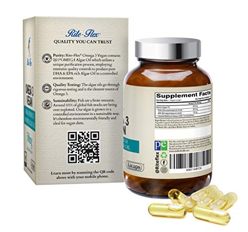 Complemento de Omega 3 vegano de 500mg de Rite-Flex. Aceite de algas marinas. 225mg de EPA/DHA. 30 Licaps® veganos. Alternativa sostenible al aceite de pescad. Fabricado en Francia