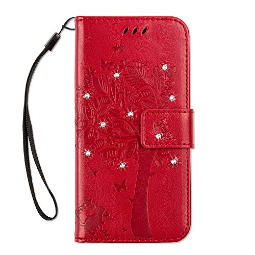 COTDINFOR Huawei Mate 10 Lite Funda Mujer Chica Elegante Suave PU Cuero Flip Cuero Billetera Estuche Cárcasa Case Protectora para Huawei Mate 10 Lite Red Wishing Tree with Diamond KT.