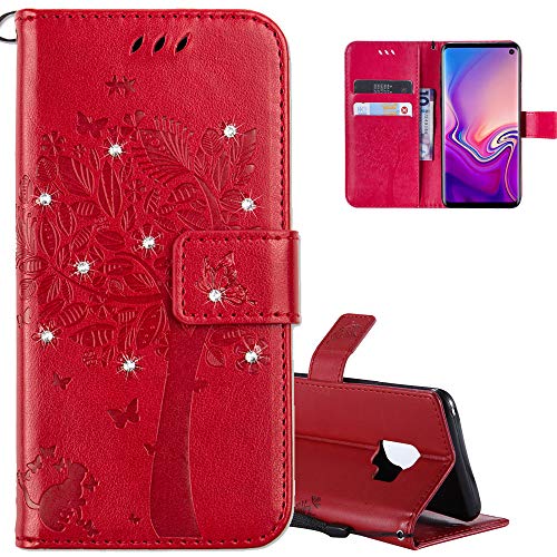 COTDINFOR Huawei Mate 10 Lite Funda Mujer Chica Elegante Suave PU Cuero Flip Cuero Billetera Estuche Cárcasa Case Protectora para Huawei Mate 10 Lite Red Wishing Tree with Diamond KT.