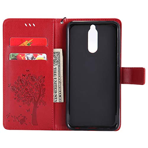 COTDINFOR Huawei Mate 10 Lite Funda Mujer Chica Elegante Suave PU Cuero Flip Cuero Billetera Estuche Cárcasa Case Protectora para Huawei Mate 10 Lite Red Wishing Tree with Diamond KT.