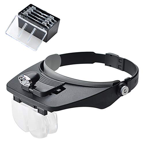 Covvy - Lupa para Diadema con 2 Luces LED, Manos Libres, con 4 Lentes Desmontables para Leer, reparación electrónica, Joyas, Costura, Manualidades, Reloj