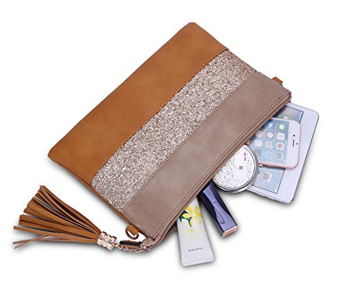 CRAZYCHIC - Bolso Bandolera Lentejuelas Mujer - Cartera de Mano Cuero PU Rayas - Bolsos de Fiesta Noche Embrague Pochette Clutch - Bolsos Hombro Crossbody Mensajero Moda - Camel