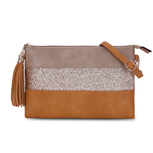 CRAZYCHIC - Bolso Bandolera Lentejuelas Mujer - Cartera de Mano Cuero PU Rayas - Bolsos de Fiesta Noche Embrague Pochette Clutch - Bolsos Hombro Crossbody Mensajero Moda - Camel