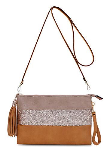 CRAZYCHIC - Bolso Bandolera Lentejuelas Mujer - Cartera de Mano Cuero PU Rayas - Bolsos de Fiesta Noche Embrague Pochette Clutch - Bolsos Hombro Crossbody Mensajero Moda - Camel