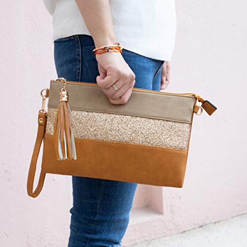 CRAZYCHIC - Bolso Bandolera Lentejuelas Mujer - Cartera de Mano Cuero PU Rayas - Bolsos de Fiesta Noche Embrague Pochette Clutch - Bolsos Hombro Crossbody Mensajero Moda - Camel