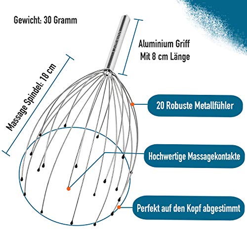 Crimaldo - Masajeador de cabeza de alta calidad con 20 dedos de masaje, araña de masaje para la cabeza perfecta para la circulación del cuero cabelludo, araña para el cabello, con peine multifunción