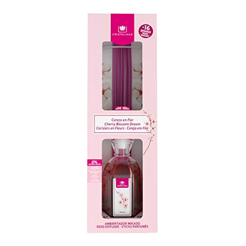 CRISTALINAS. Ambientador Mikado Clásico. Difusor con Varillas de ratán. Formula sin Alcohol. Máxima duración, más de 16 semanas. 180ml de Capacidad. Aroma Cerezo en Flor