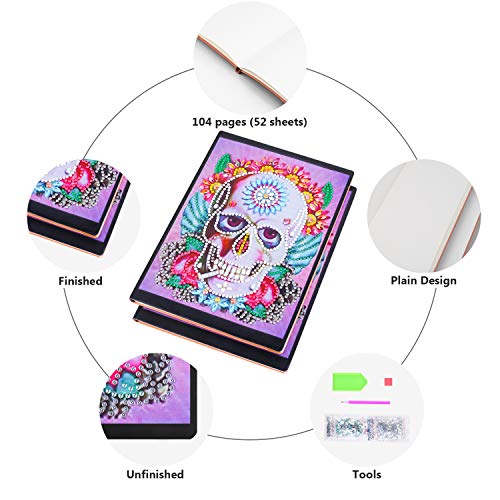 Cuadernos de diamantes DIY 5D para niños A5,diamond painting cuadernos universitarios diario secreto niña Bloc de notas A5 con colorido 5D Diamante Regalo creativo para Navidad Skull de cumpleaños