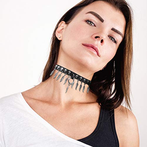 Cupimatch Choker Gargantilla Punk Collar Pinchos Mujer Calavera Colgante Pluma Gótico Cuero Joyería de Moda Ajustable Regalo San Valtin Mujer (Pluma)