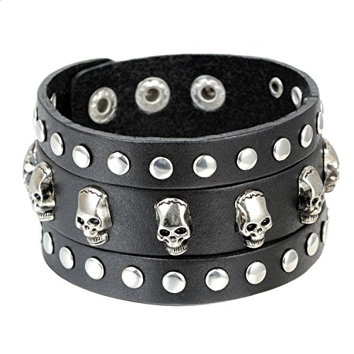 Cupimatch Pulsera Punk Calavera Remache Pulsera Hombre Cuero Ajustable Brazalete Mujer Joyería de Moda Regalo San Valentín/Navidad