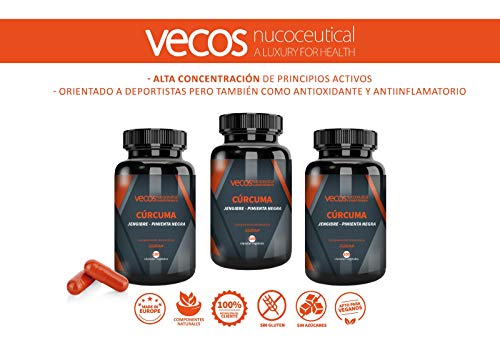 Cúrcuma (1.100 mg) con jengibre (200mg) y pimienta negra (10 mg) Vecos – Suplemento antioxidante para el cuidado del organismo y de las articulaciones – 100 cápsulas vegetales – 100% apto para veganos