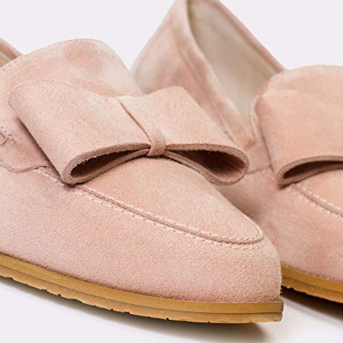 Damaris - Mocasines Planos de Vestir para Mujer en Piel con Lazo - Punta Redonda - Tacon Bajo 2 cm - Moda Tendencia Casual Informal Verano - Ante Nude Rosado Maquillaje - Rosa 42 EU