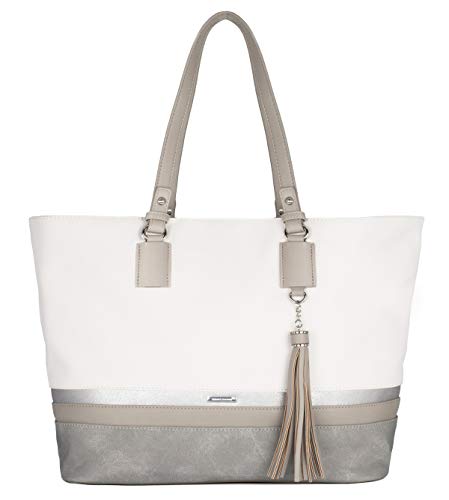 David Jones - Bolso de Hombro Grande Mujer - Tote Shopper Gran Capacidad Lona Suave Cuero PU Rayas - Bolsos de Mano Asa Larga Señora - Totalizador Casual Viaje Trabajo Escuela Diario Vida - Blanco