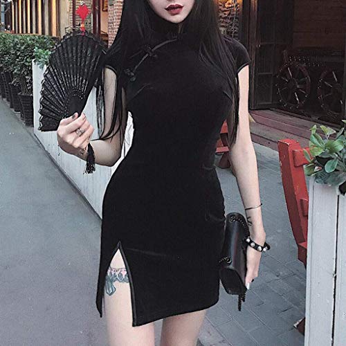 Dcola Verano Cheongsam Elegante Recto De Las Mujeres 2019 Hermosa Harajuku Estilo Chino Vestido De Fiesta Femenina Sexy De Manga Corta Ropa De Mujer(L,Black)