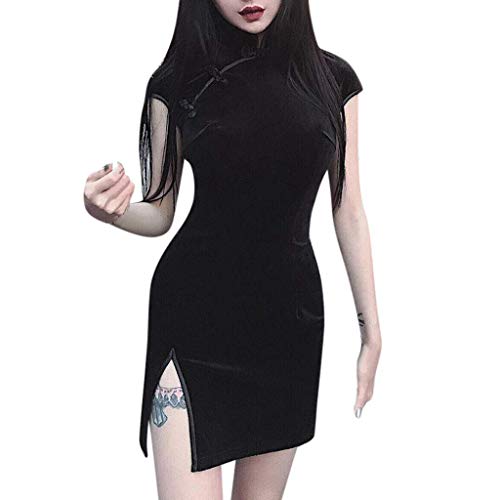 Dcola Verano Cheongsam Elegante Recto De Las Mujeres 2019 Hermosa Harajuku Estilo Chino Vestido De Fiesta Femenina Sexy De Manga Corta Ropa De Mujer(L,Black)