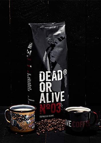 DEAD OR ALIVE Granos de Café Espresso NR3 - Mezcla Italiana Extra Fuerte de Tostado Lento - Pura Robusta, la Mejor Crema - Gourmet, Tostado Intenso Vegano - Amantes de Java - Paquete de 1000g