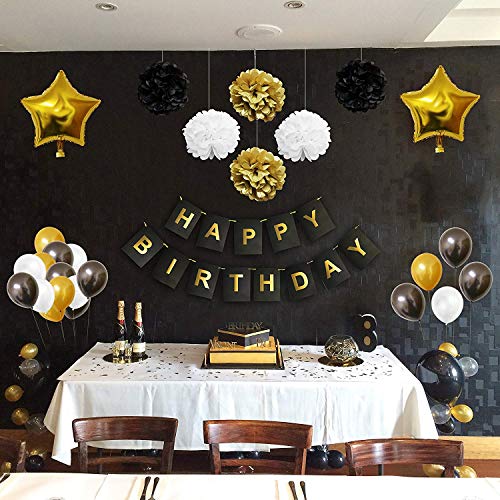 Decoraciones Fiesta 33 Piezas Doradas, Blancas y Negras - Pompones, Globos de Látex y de Papel de Aluminio y Pancartas para Celebraciones de Cumpleaños y Fiestas - Decoraciones para Chicas, Chicos