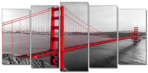 DekoArte 181 - Cuadros Modernos Impresión de Imagen Artística Digitalizada | Lienzo Decorativo para Tu Salón o Dormitorio | Estilo Ciudades EEUU Golden Gate San Francisco | 5 Piezas 200 x 100 cm XXL