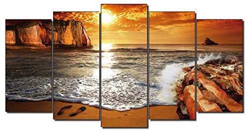 DekoArte 268 - Cuadros Modernos Impresión de Imagen Artística Digitalizada | Lienzo Decorativo para Tu Salón o Dormitorio | Estilo Paisaje Puesta de Sol en Playa | 5 Piezas 200 x 100 cm XXL