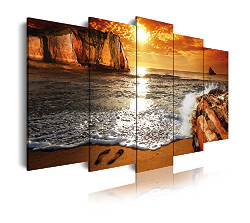 DekoArte 268 - Cuadros Modernos Impresión de Imagen Artística Digitalizada | Lienzo Decorativo para Tu Salón o Dormitorio | Estilo Paisaje Puesta de Sol en Playa | 5 Piezas 200 x 100 cm XXL