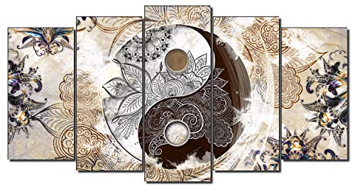 DekoArte 455 - Cuadros Modernos Impresión de Imagen Artística Digitalizada | Lienzo Decorativo para Tu Salón o Dormitorio | Estilo Ying Yang Abstractos Zen Colores Beige Marrón | 5 Piezas 150 x 80 cm