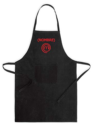 Delantal de Cocina Masterchef. Personalizado con TU Nombre. Poliester-Algodon Blanco o Negro (Negro)