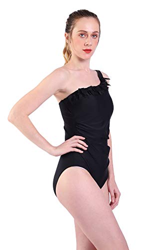 DELEY Mujeres Flor Oblicua Acolchado Traje De Baño Bikini Monokini Beachwear Negro Tamaño 2XL