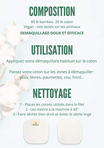 Desmaquillantes reutilizables, fibra de bambú y algodón – Disco de algodón desmaquillante lavable – 10 unidades + 1 bolsa de lavado – Lavable y reutilizable – Caja de embalaje biodegradable