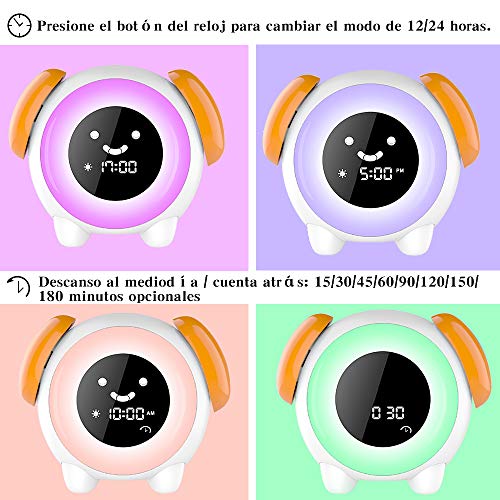 Despertador Infantil - 2019 Niños Entrenador de Dormir LED despertador luz Digital, 2400mAh Recargable con 2 Alarmas, 3 Modos, 6 Sonidos Naturales, 7 Luces de Colores Ajustables, Función Snooze